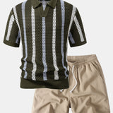 Striped Crochet V Neck Polo & Crinkle Textured Drawstring 5" Shorts Set