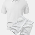 Wave Jacquard Knit V Neck Polo Shirt & Cotton Chino Shorts Set