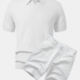 Wave Jacquard Knit V Neck Polo Shirt & Cotton Chino Shorts Set