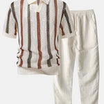 Striped Crochet V Neck Polo & Straight Leg Linen Pants Set