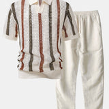 Striped Crochet V Neck Polo & Straight Leg Linen Pants Set
