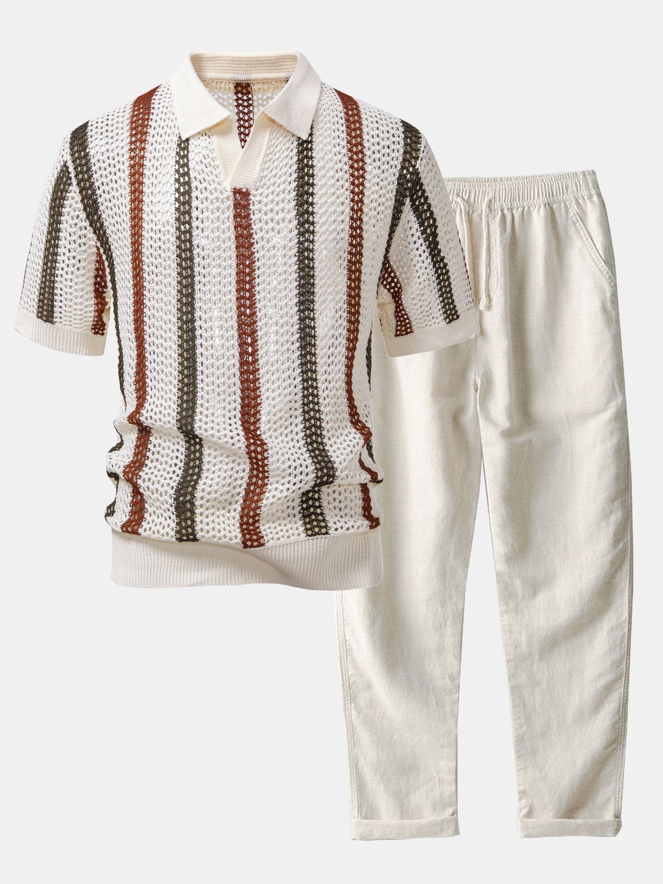 Striped Crochet V Neck Polo & Straight Leg Linen Pants Set