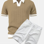 Texture Contrast Knitted V Neck Polo Shirt & Cotton Chino Shorts Set