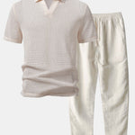 Relax Fit Crocheted V Neck Polo & Straight Leg Linen Pants Set