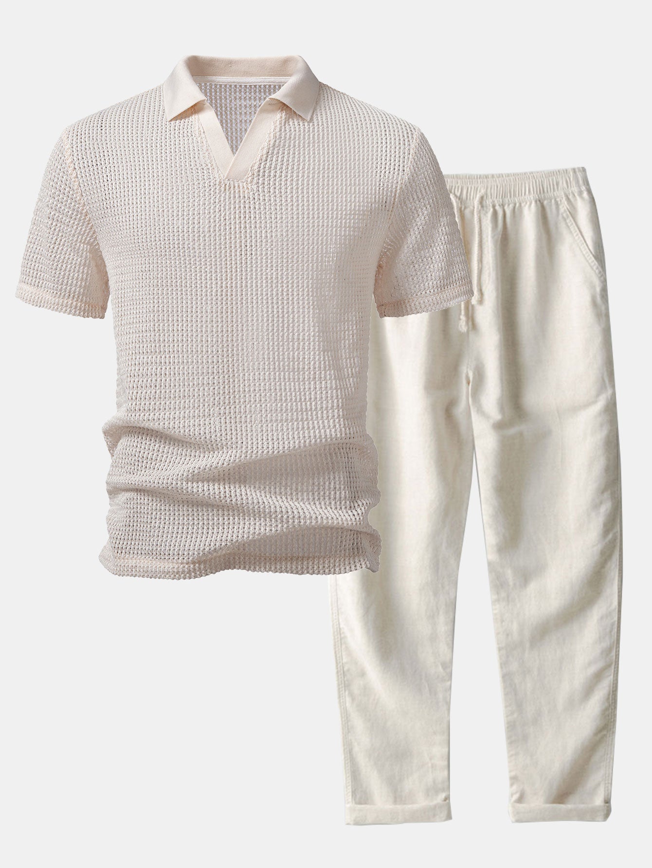 Relax Fit Crocheted V Neck Polo & Straight Leg Linen Pants Set