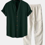 Crinkled Textured V Neck Shirt & Straight Leg Linen Pants Set