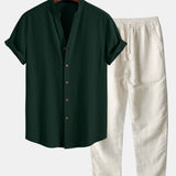 Crinkled Textured V Neck Shirt & Straight Leg Linen Pants Set