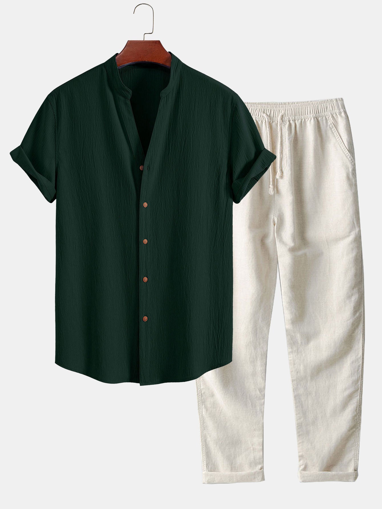 Crinkled Textured V Neck Shirt & Straight Leg Linen Pants Set