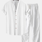 Crinkled Textured V Neck Shirt & Straight Leg Linen Pants Set