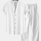 Crinkled Textured V Neck Shirt & Straight Leg Linen Pants Set