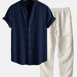 Crinkled Textured V Neck Shirt & Straight Leg Linen Pants Set