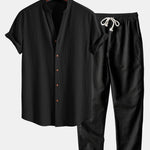 Crinkled Textured V Neck Shirt & Straight Leg Linen Pants Set