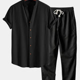 Crinkled Textured V Neck Shirt & Straight Leg Linen Pants Set