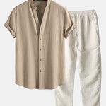 Crinkled Textured V Neck Shirt & Straight Leg Linen Pants Set