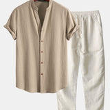 Crinkled Textured V Neck Shirt & Straight Leg Linen Pants Set
