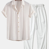 Geometric Jacquard Shirt & Crinkle Textured Straight Leg Pants Set