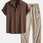 Geometric Jacquard Eyelet Cuban Shirt & Crinkle Textured Pants Set