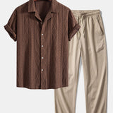 Geometric Jacquard Eyelet Cuban Shirt & Crinkle Textured Pants Set