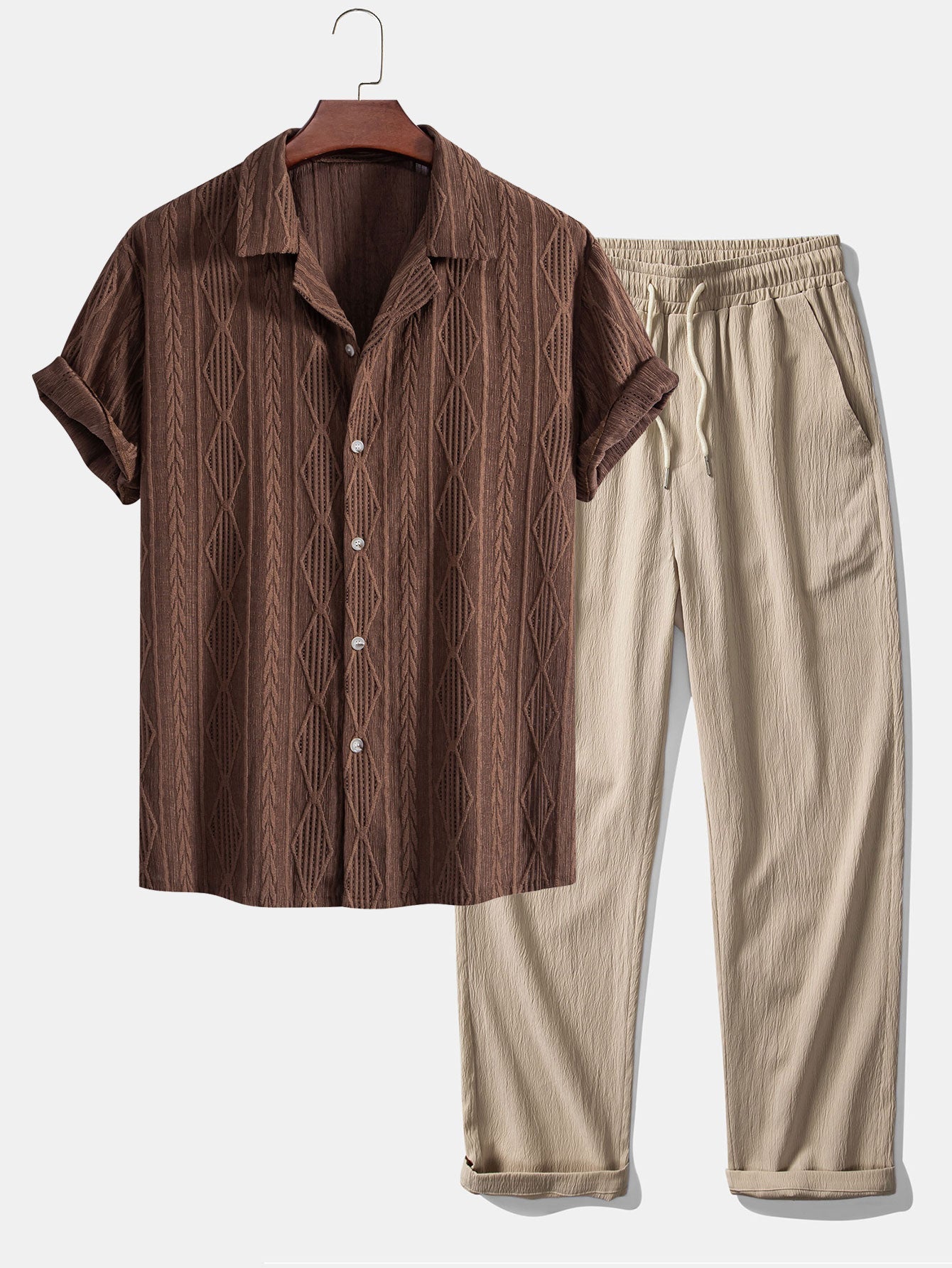 Geometric Jacquard Eyelet Cuban Shirt & Crinkle Textured Pants Set