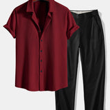 Muscle Fit Ribbed Shirt & Elastic Waist Straight Leg Trousers Set