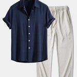 Linen Rayon Blend Shirt & Stripe Straight Leg Linen Pants Set
