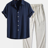 Linen Rayon Blend Shirt & Stripe Straight Leg Linen Pants Set