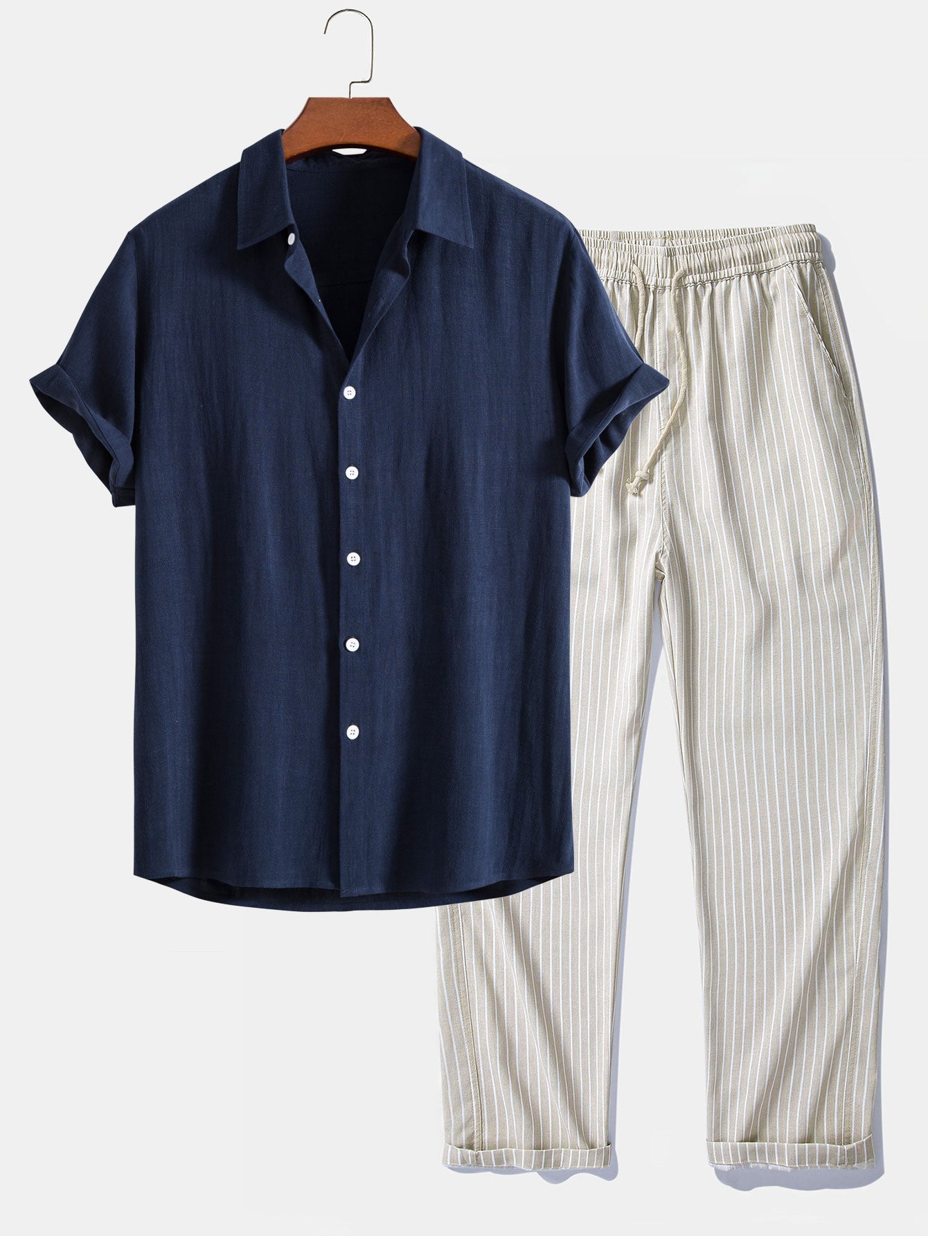 Linen Rayon Blend Shirt & Stripe Straight Leg Linen Pants Set