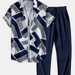 Color Block Geometry Print Shirt & Straight Leg Ribbed Pants Set