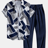 Color Block Geometry Print Shirt & Straight Leg Ribbed Pants Set