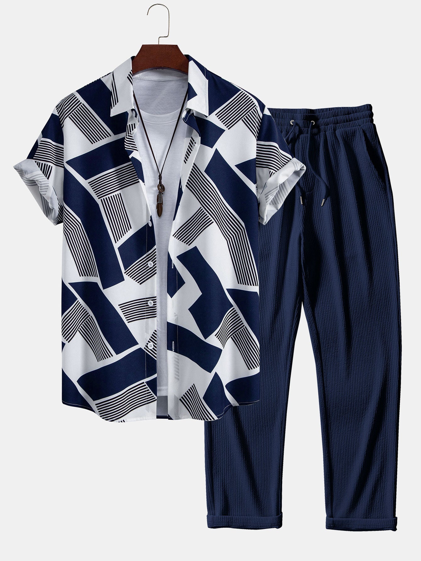 Color Block Geometry Print Shirt & Straight Leg Ribbed Pants Set