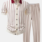 Stripe Button Up Knit Shirt & Slim Fit Tapered Trousers Set