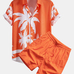 Palm Tree Print Shirt & Man Mid Length Drawstring Swim Shorts Set