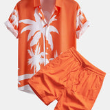 Palm Tree Print Shirt & Man Mid Length Drawstring Swim Shorts Set