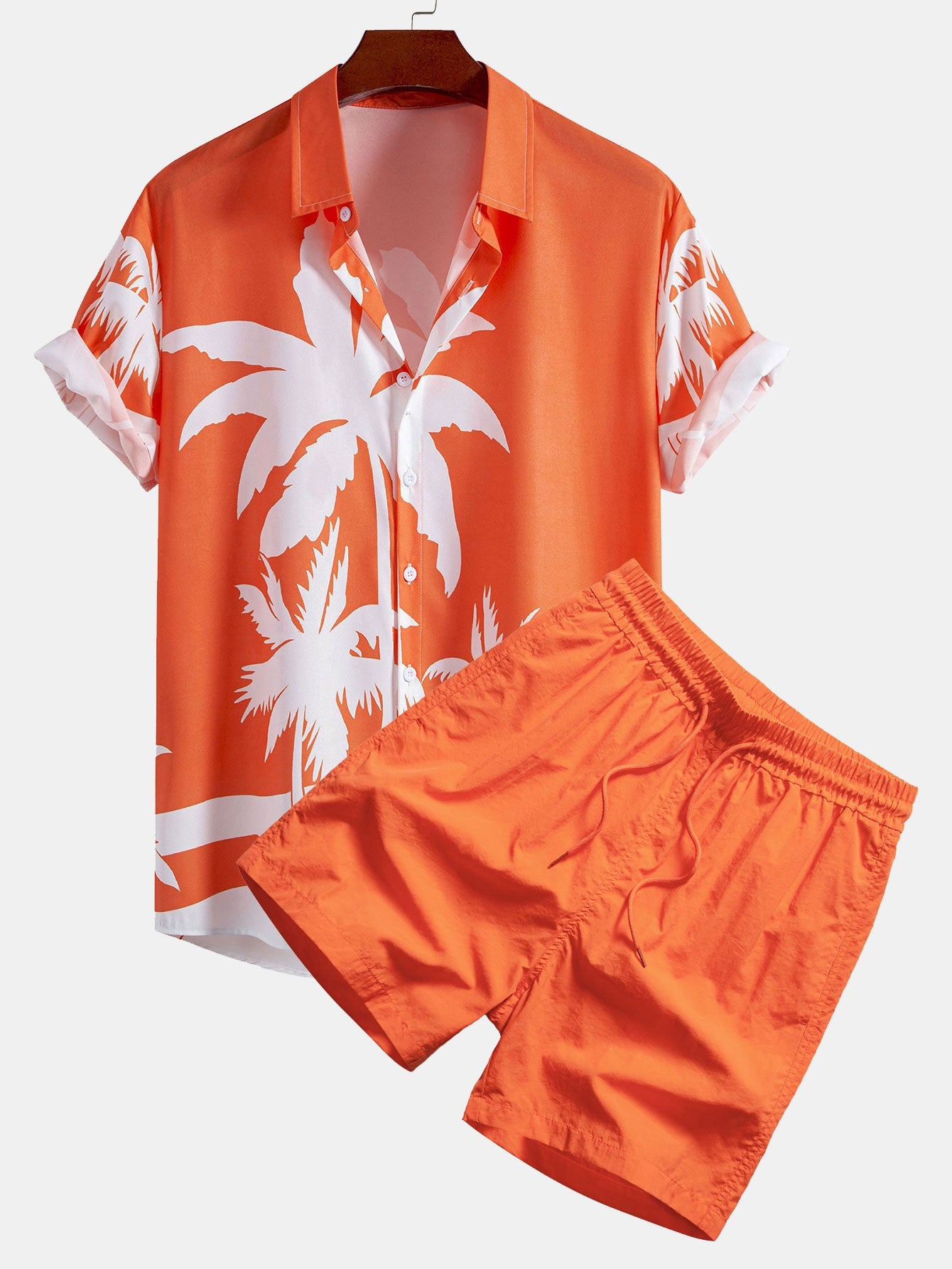 Palm Tree Print Shirt & Man Mid Length Drawstring Swim Shorts Set