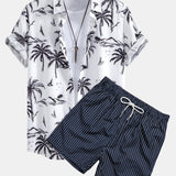 Palm Tree Island Print Shirt & Striped Print Swim Shorts Set