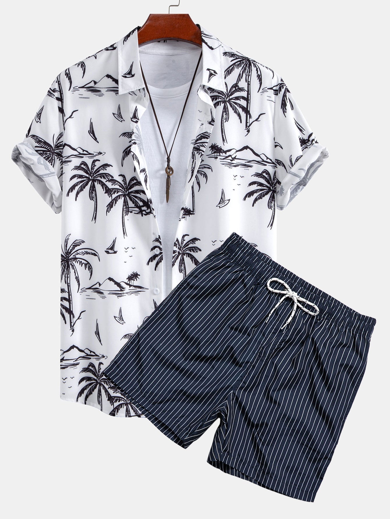 Palm Tree Island Print Shirt & Striped Print Swim Shorts Set