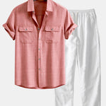 Textured Shirt with Two Pockets & Straight Leg Linen Pants Set