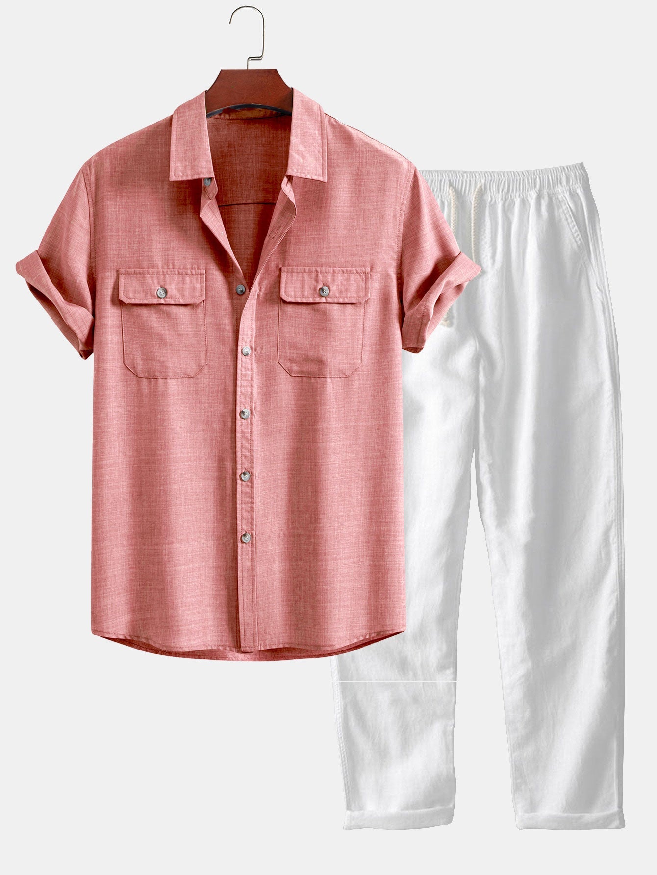 Textured Shirt with Two Pockets & Straight Leg Linen Pants Set