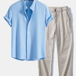 Muscle Fit Ribbed Stand Collar Shirt & Elastic Waist Trousers Set