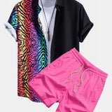 Colorful Tiger Patchwork Shirt & Swim Shorts Set