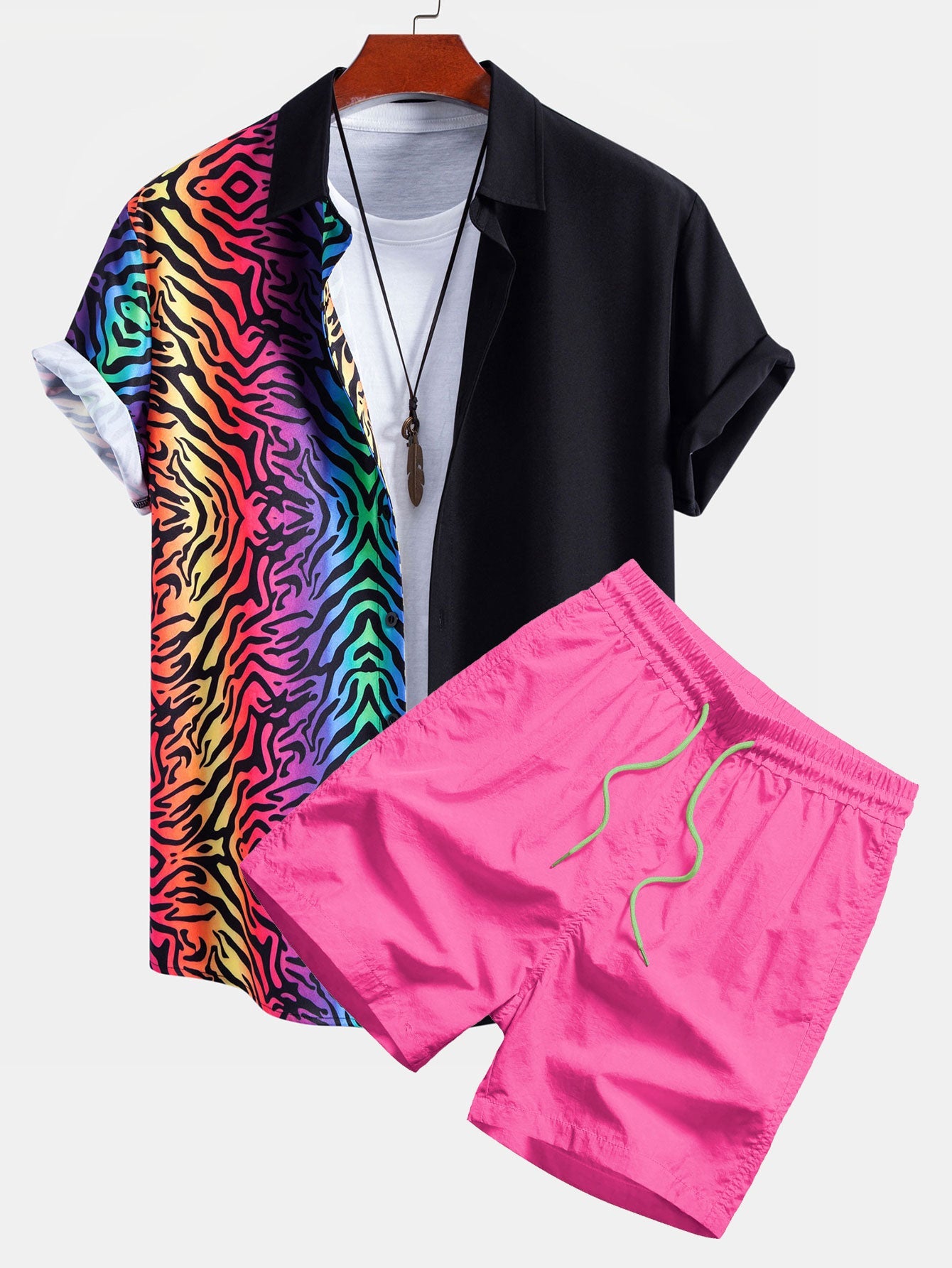 Colorful Tiger Patchwork Shirt & Swim Shorts Set