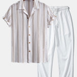 Striped Mesh Cuban Shirt & Wrinkle Textured Straight Leg Pants Set