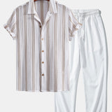 Striped Mesh Cuban Shirt & Wrinkle Textured Straight Leg Pants Set