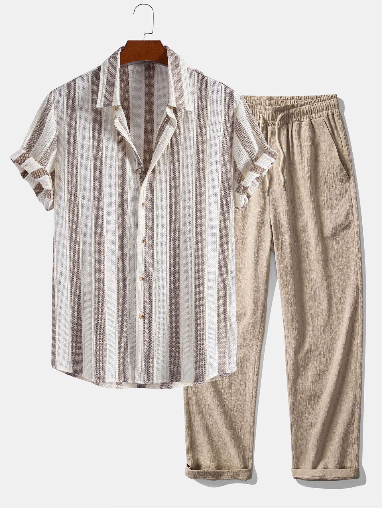 Textured Striped Shirt & Crinkle Textured Straight Leg Pants Set
