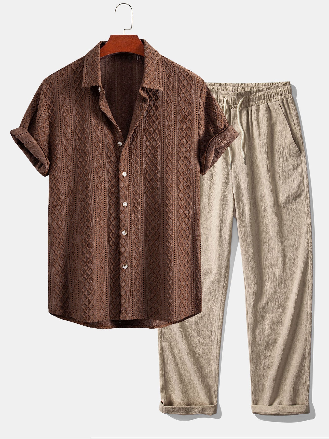 Geometry Rhombus Jacquard Shirt & Crinkle Textured Pants Set