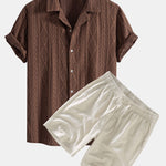 Geometric Jacquard Eyelet Cuban Shirt & Linen Drawstring Shorts Set