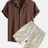 Geometric Jacquard Eyelet Cuban Shirt & Linen Drawstring Shorts Set