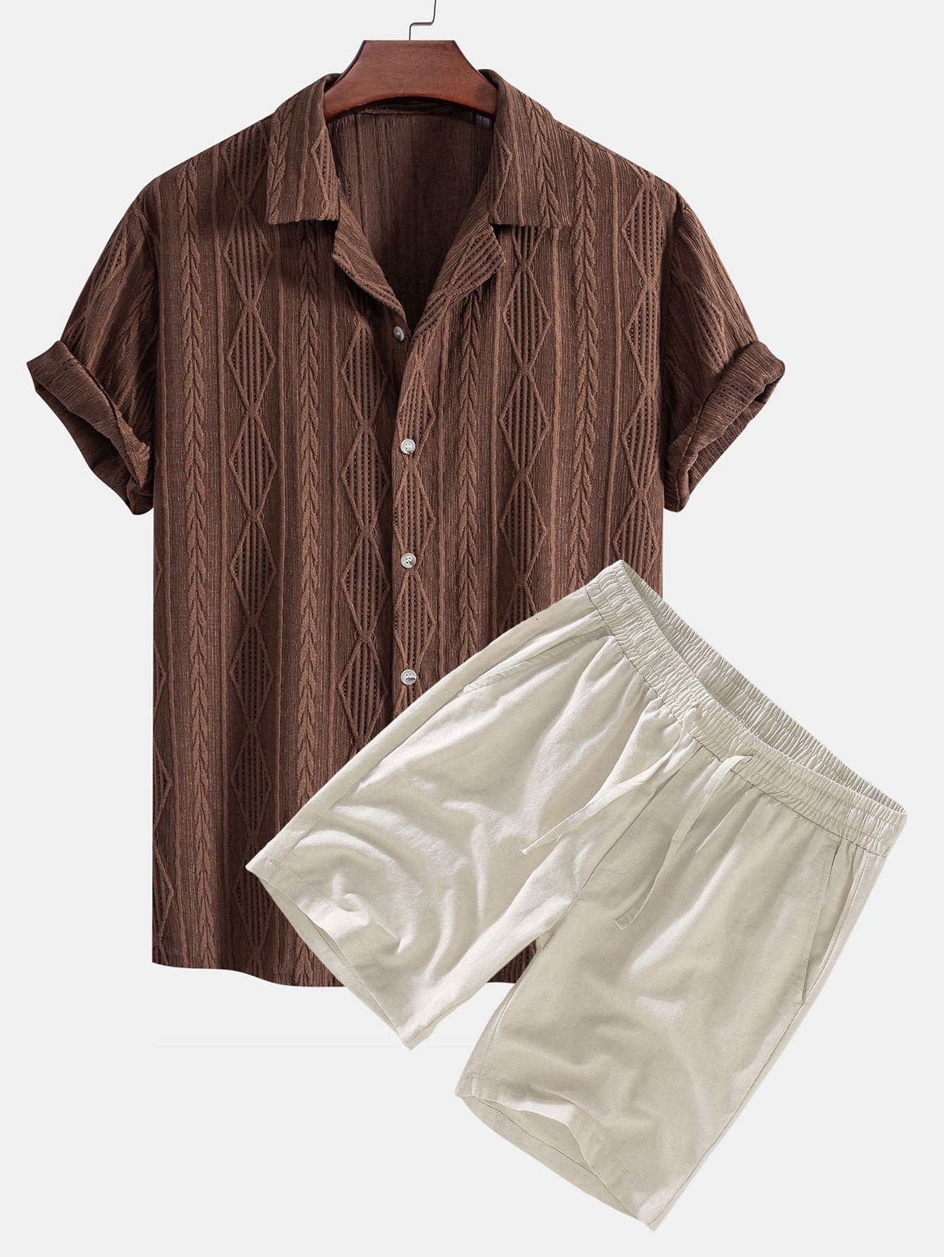 Geometric Jacquard Eyelet Cuban Shirt & Linen Drawstring Shorts Set