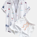 Palm Tree Nautical Print Shirt & Drawstring Swim Shorts Set