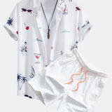 Palm Tree Nautical Print Shirt & Drawstring Swim Shorts Set